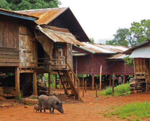 Einfache Holzhütten in einem Dorf auf dem Bolaven Plateau Laos