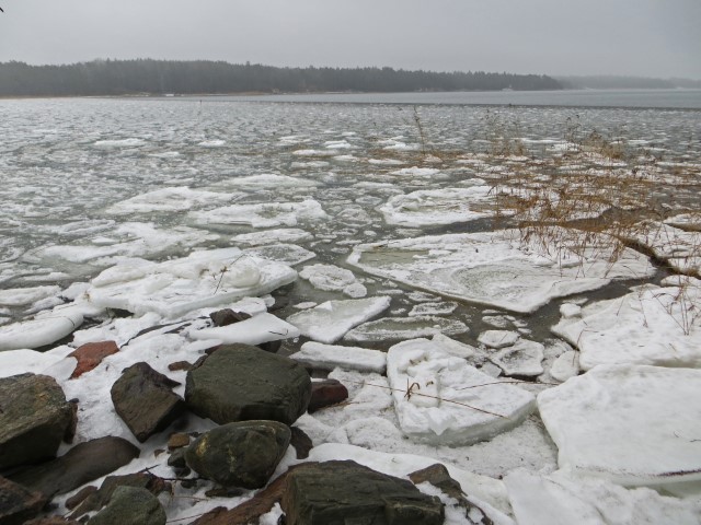 Blick über Eisschollen auf der Ostsee im Februar im Nationalpark Ruissalo, Finnland