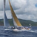 Segelboot mit großer Mannschaft vor Antigua, zur Antigua Sailing Week