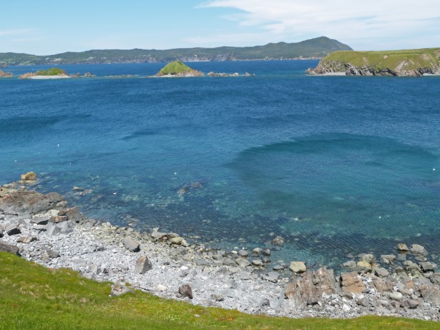 Blick über eine steinige Bucht über das klare Wasser und zu grünen Hügeln in Neufundland