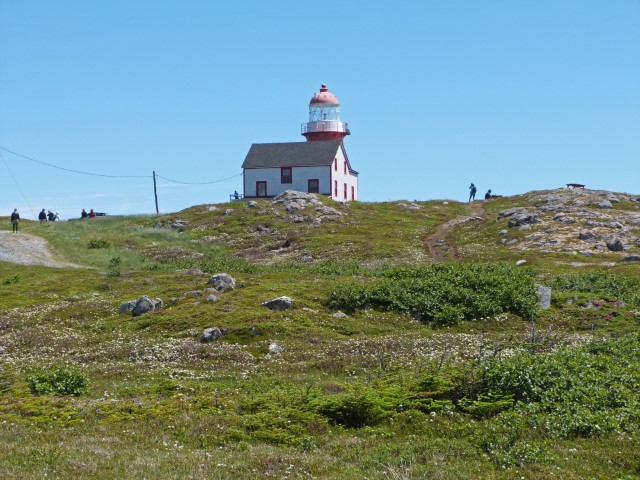 Kleiner weißer Ferryland Leuchtturm auf einem grünen Hügel, Neufundland