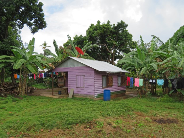 Lila Wohnhaus mit Wäsche draußen im Garten auf Little Corn Island Nicaragua