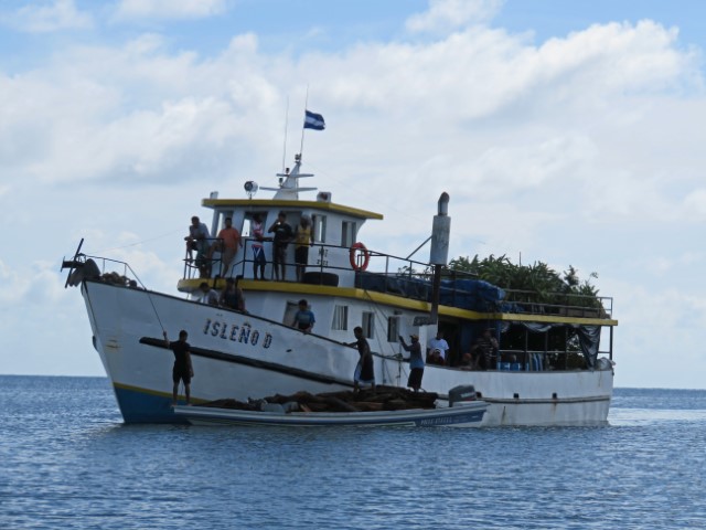 Schiff vor Little Corn Island das Palmen transportiert