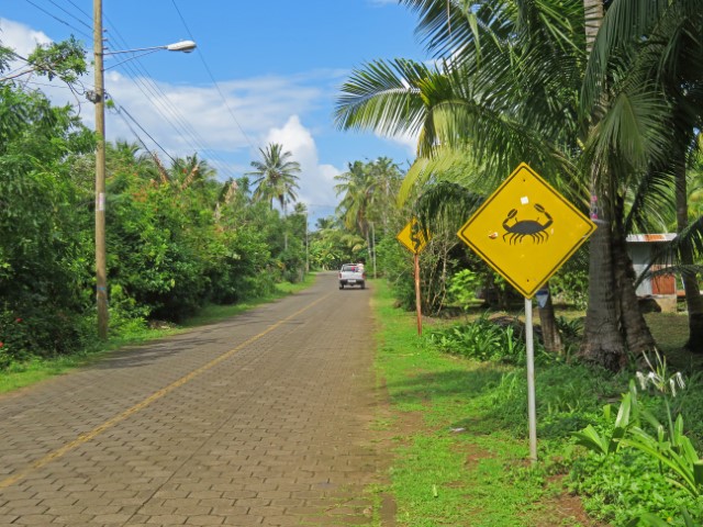 Gelbes Straßenschild mit einem Krebs darauf auf Big Corn Island Nicaragua