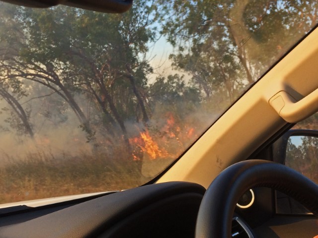 Aus dem Autofenster sieht man Buschfeuer unweit des Litchfield Nationalpark