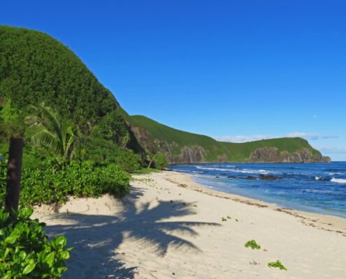 Palmenstrand und grpne Hügel am Strand einer Insel auf Fidschi