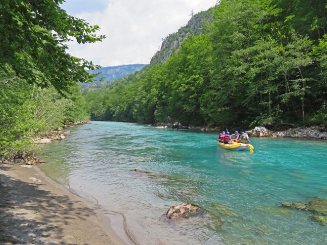 Gelbes Boot mit Wildwasserfahrern auf dem türkisfarbenen Fluss Tara in Montenegro, umgeben von Wald