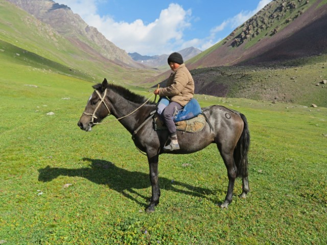 Nomadenjunge auf Pferd im Tien Shan Gebirge Kirgistans