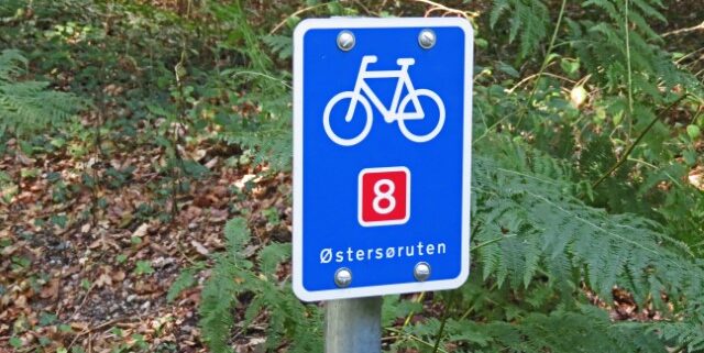 Blaues Schild mit weißem Fahrrad und roter Zahl 8 für den Dänischen Ostseeradweg