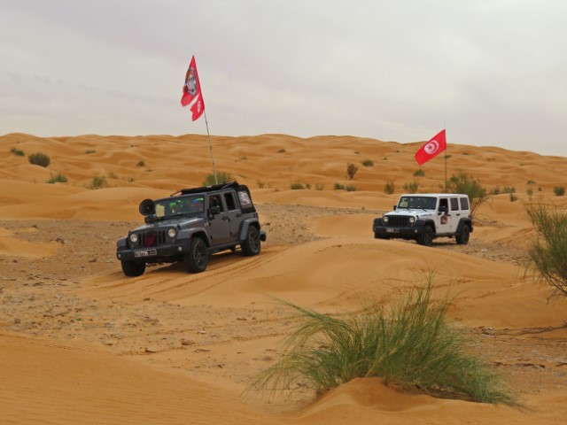 Zwei Geländewagen mit Flaggen fahren in die Sahara