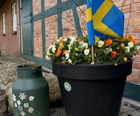 Multimediapräsentation Schwedisch Lappland in Kiel mit schwedischer Flagge